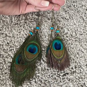 Boho Peacock Feather Dangle Earrings